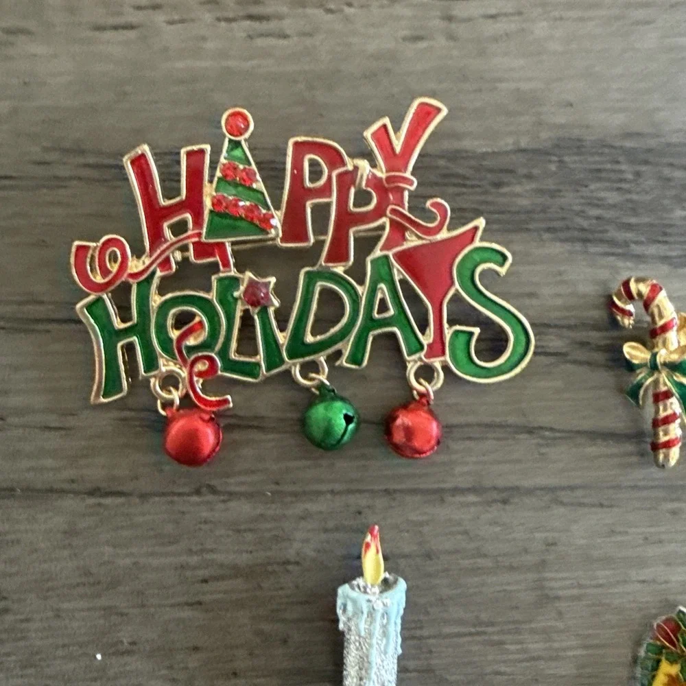 Set Of 5 Christmas‎ Holiday Brooch And Pin Lot All Wearable Vintage